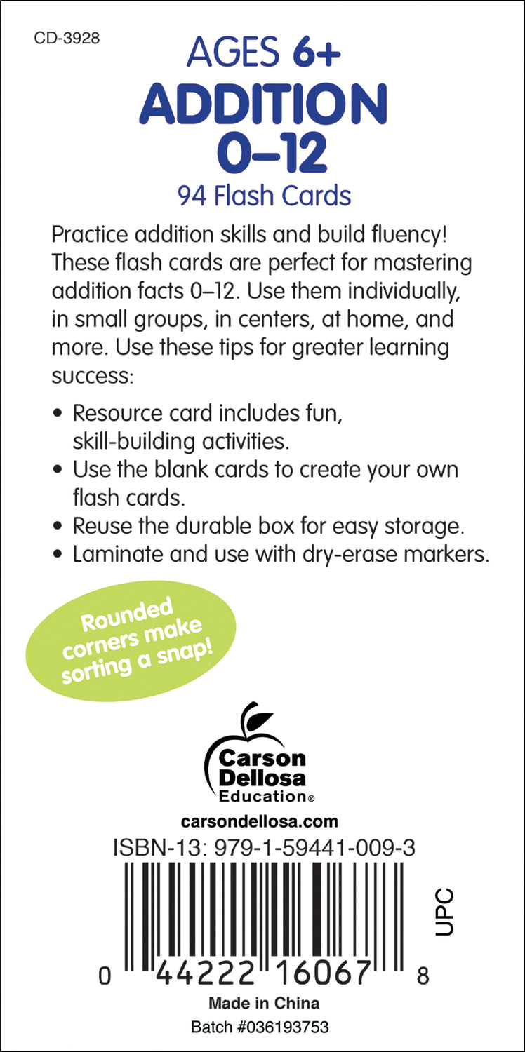 Addition 0-12 Flash Cards, Ages 6 - 8
