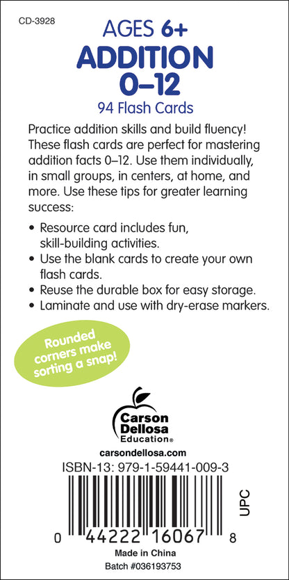 Addition 0-12 Flash Cards, Ages 6 - 8