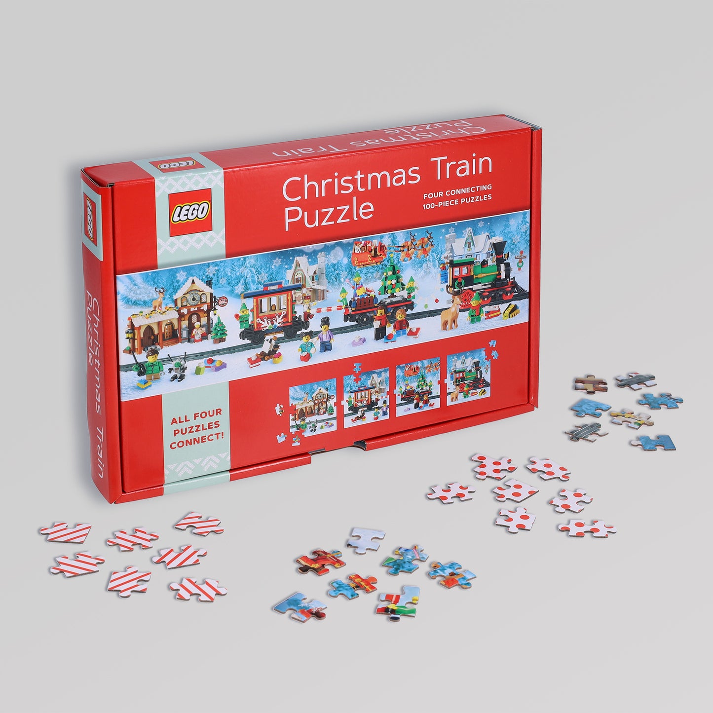 LEGO Christmas Train Puzzle: Four Connecting 100-Piece Puzzles
