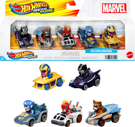 Hot Wheels Racerverse, Set of 5 Die-Cast Hot Wheels Cars with Marvel Characters As Drivers