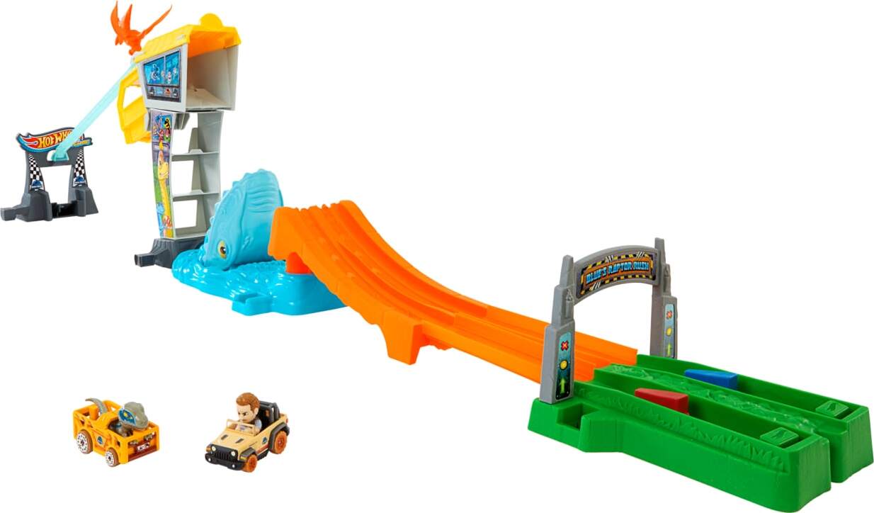 Hot Wheels Racerverse Jurassic World Blue's Raptor Rush Track Set with 2 Toy Die-Cast Vehicles